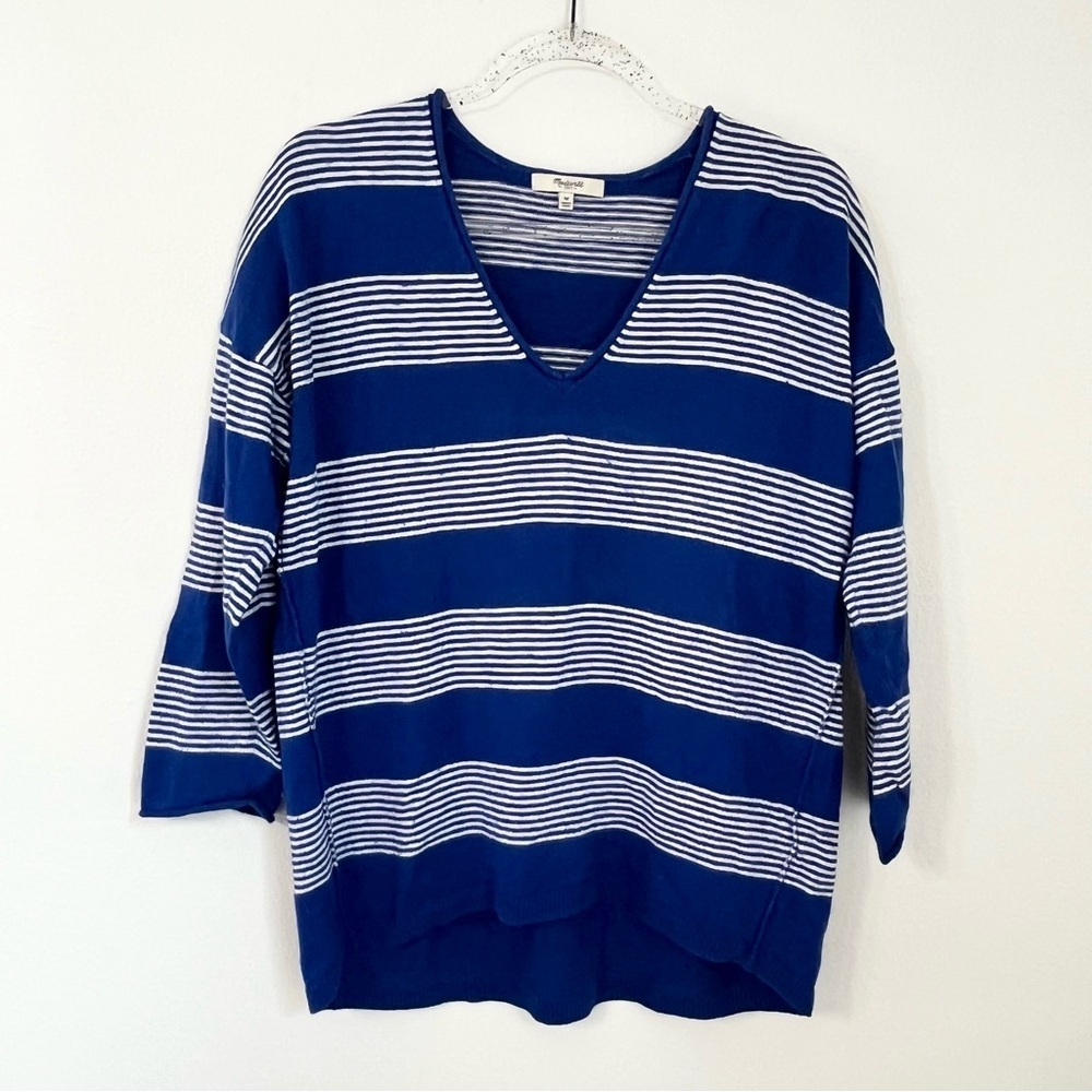 MADEWELL DECKHOUSE SWEATER IN STRIPE BLUE WHITE WOOL BLEND WARM V NECK SZ M